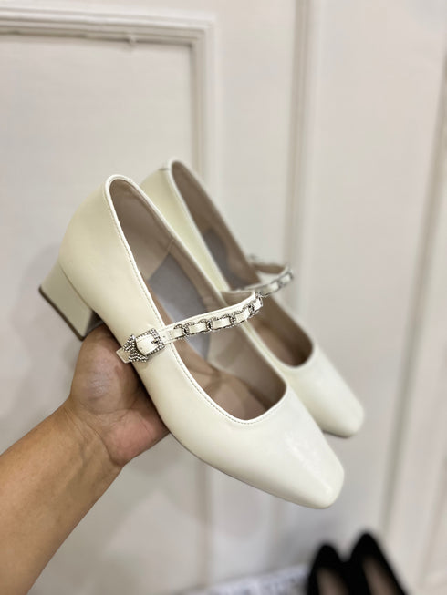 Women Stylish Rhinestone Decor Buckle Strap Block Mary Jane Heel
